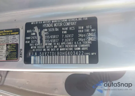 2017 Hyundai Santa Fe Sport 2.4L from USA, damaged, VIN 5XYZTDLB0HG403422